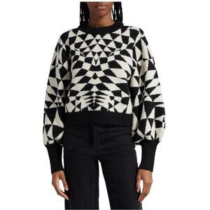 New FARM RIO Heart Deco Jacquard Balloon Sleeve Sweater Black White Sz M